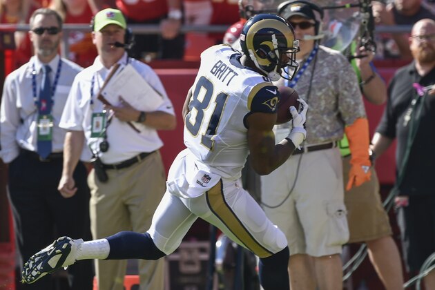 St. Louis Rams wide receiver Kenny Britt (81) makes a catch against the Kansas City Chiefs during an NFL football game Sunday, Oct. 26, 2014, in Kansas City, Mo. (AP Photo/Reed Hoffmann)