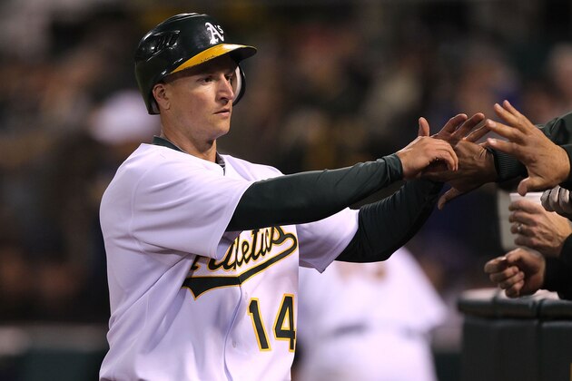 OAKLAND, CA - APRIL 05: Mark Ellis #14 of the Oakland Athletics celebrates after scoring in the seventh inning against the Seattle Mariners on Opening Day at the Oakland-Alameda County Coliseum on April 5, 2010 in Oakland, California. (Photo by Jed Jacobsohn/Getty Images)