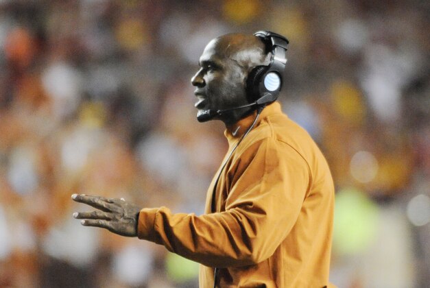 Oct 18, 2014; Austin, TX, USA; Texas Longhorns head coach Charlie Strong reacts against the Iowa State Cyclones during the second half at Darrell K Royal-Texas Memorial Stadium. Texas beat Iowa State 48-45. Mandatory Credit: Brendan Maloney-USA TODAY Sports