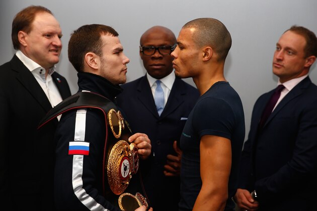 LONDON, ENGLAND - FEBRUARY 25:  (L-R) Vlad Hrunov, Dmitry Chudinov, Chris Eubank, Chris Eubank Jnr and Francis Warren line up before a press conference at the O2 Arena on February 25, 2015 in London, England.  (Photo by Julian Finney/Getty Images)