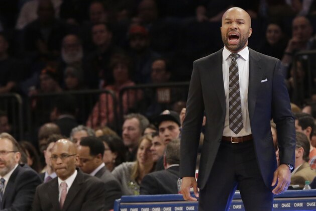 New York Knicks head coach Derek Fisher yells at his team during the first half of an NBA basketball game against the Miami Heat, Friday, Feb. 20, 2015, at Madison Square Garden in New York.  (AP Photo/Mary Altaffer)