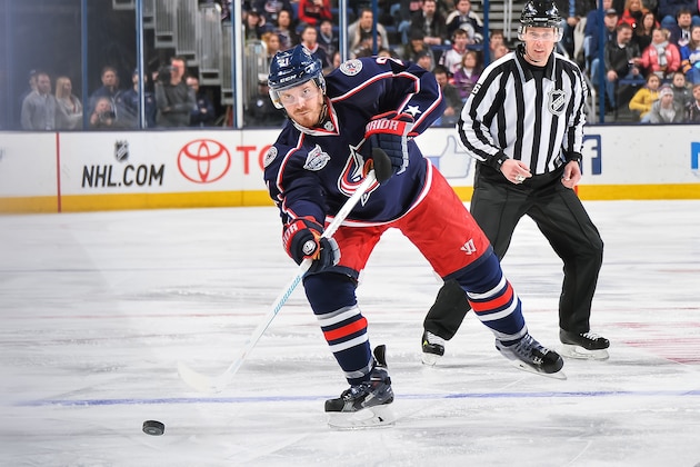 COLUMBUS, OH - FEBRUARY 24:   James Wisniewski #21 of the Columbus Blue Jackets skates against the Buffalo Sabres on February 24, 2015 at Nationwide Arena in Columbus, Ohio.  (Photo by Jamie Sabau/NHLI via Getty Images)