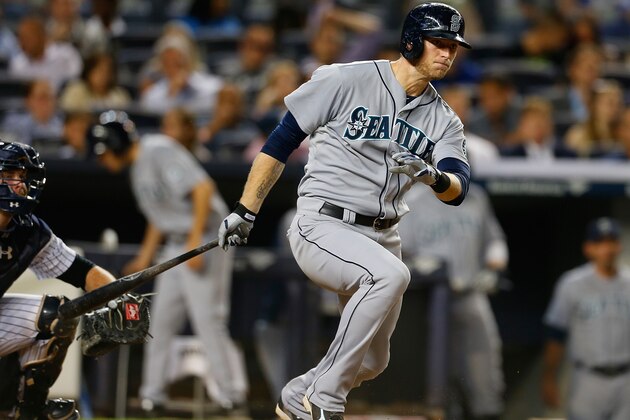 NEW YORK, NY - JUNE 02: Michael Saunders #55 of the Seattle Mariners hits a two run single in the seventh inning against the New York Yankees at Yankee Stadium on June 2, 2014 in the Bronx borough of New York City.  (Photo by Mike Stobe/Getty Images)