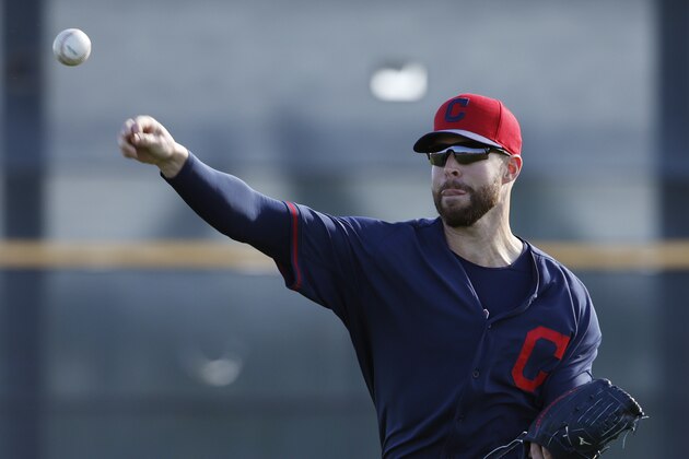 Cleveland Indians' Corey Kluber warms up during a spring training baseball practice Sunday, Feb. 22, 2015, in Goodyear, Ariz. (AP Photo/John Locher)