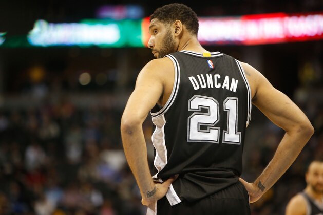 Jan 20, 2015; Denver, CO, USA; San Antonio Spurs forward Tim Duncan (21) during the game against the Denver Nuggets at Pepsi Center. Mandatory Credit: Chris Humphreys-USA TODAY Sports