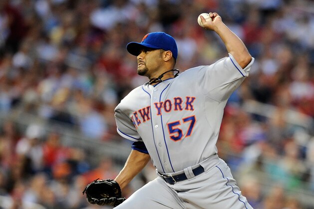 WASHINGTON, DC - AUGUST 17:  Johan Santana #57 of the New York Mets throws a pitch against the Washington Nationals at Nationals Park on August 17, 2012 in Washington, DC.  (Photo by Patrick McDermott/Getty Images)