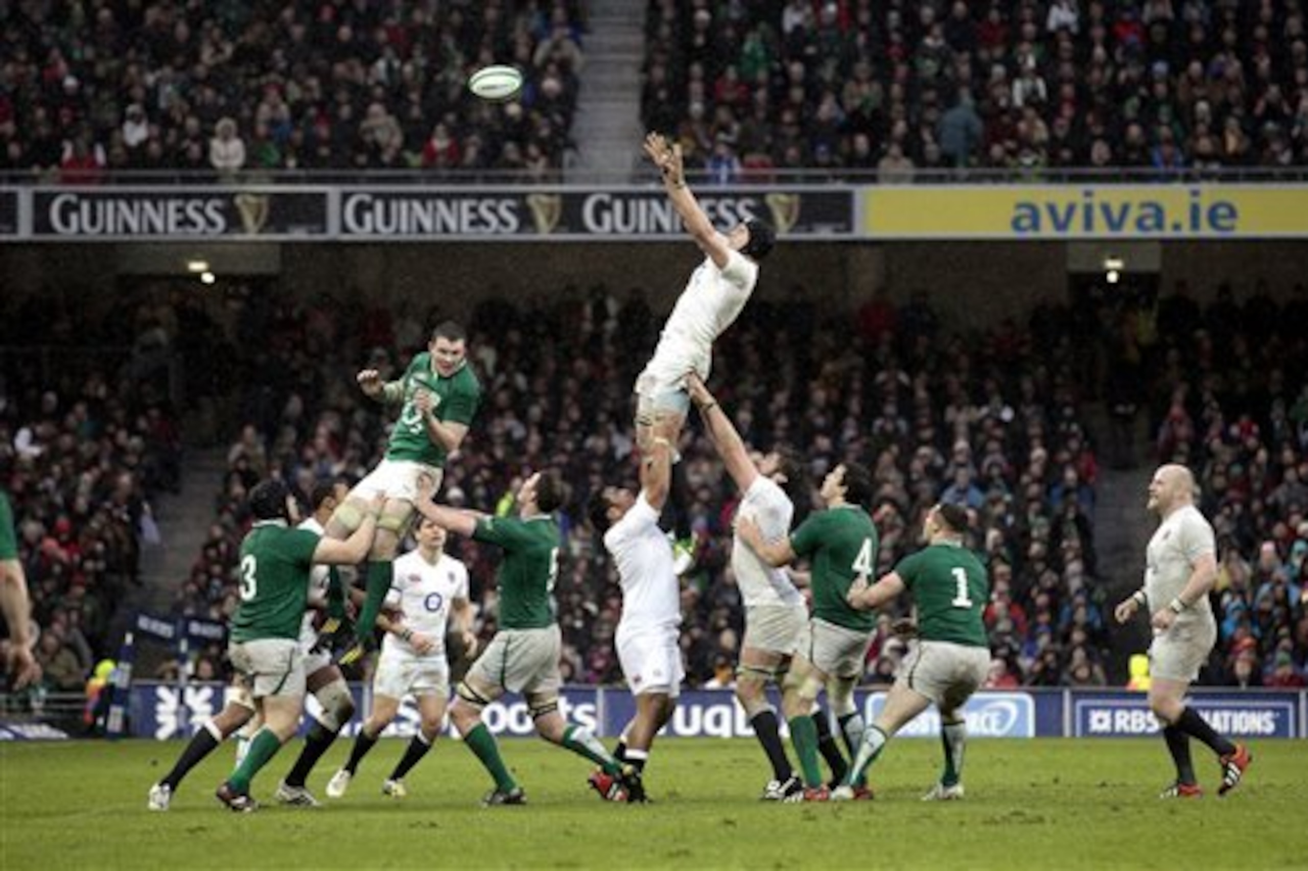 England's Courtney Lawes, center, wins the line out against Ireland during their Six Nations rugby match at the Aviva Stadium, Dublin, Ireland, Sunday, Feb. 10, 2013. (AP Photo/Peter Morrison) England's Courtney Lawes, center, wins the line out against Ireland during their Six Nations rugby match at the Aviva Stadium, Dublin, Ireland, Sunday, Feb. 10, 2013. (AP Photo/Peter Morrison)