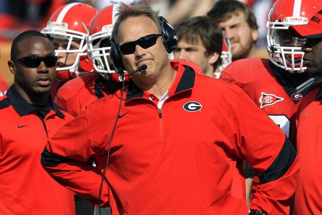 Georgia coach Mark Richt watches his team play Michigan State during the Outback Bowl NCAA college football game Monday, Jan. 2, 2012, in Tampa, Fla. (AP Photo/Chris O'Meara)