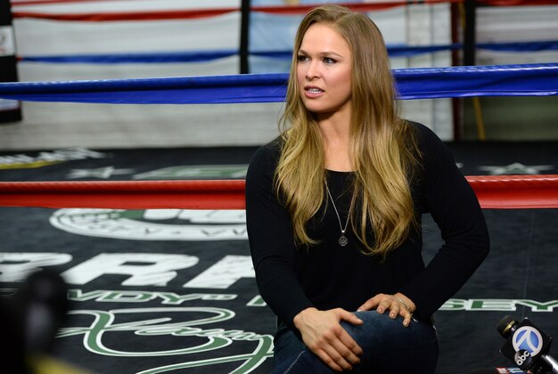 Feb 18, 2015; Glendale, CA, USA;  Ronda Rousey talks about her upcoming championship fight during media day for UFC 184 at Glendale Fighting Club. Mandatory Credit: Jayne Kamin-Oncea-USA TODAY Sports