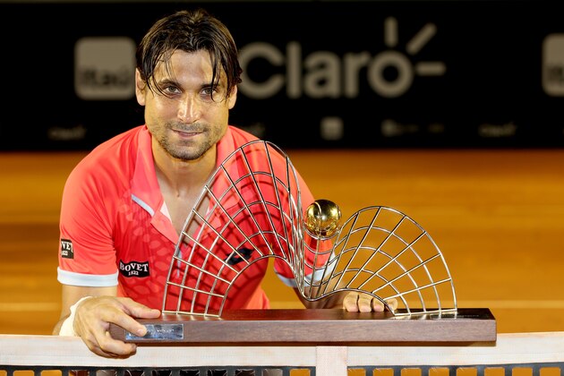 RIO DE JANEIRO, BRAZIL - FEBRUARY 22:  David Ferrer of Spain poses for photographers after his win over Fabio Fognini of Italy during the final of the Rio Open at the Jockey Club Brasileiro on February 22, 2015 in Rio de Janeiro, Brazil.  (Photo by Matthew Stockman/Getty Images)