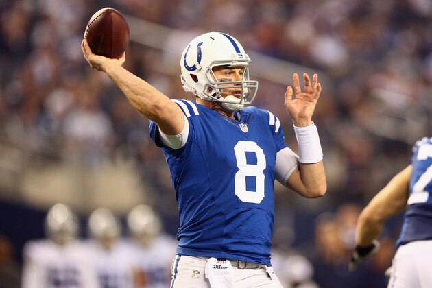 ARLINGTON, TX - DECEMBER 21:   Matt Hasselbeck #8 of the Indianapolis Colts throws against the Dallas Cowboys in the fourth quarter at AT&T Stadium on December 21, 2014 in Arlington, Texas.  (Photo by Ronald Martinez/Getty Images)