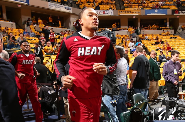 INDIANAPOLIS, IN - MAY 18:  Michael Beasley #8 of the Miami Heat runs out before Game One of the Eastern Conference Finals against the Indiana Pacers on May 18, 2014 at Bankers Life Fieldhouse in Indianapolis, IN.  NOTE TO USER: User expressly acknowledges and agrees that, by downloading and or using this photograph, User is consenting to the terms and conditions of the Getty Images License Agreement. Mandatory Copyright Notice: Copyright 2014 NBAE  (Photo by Nathaniel S. Butler/NBAE via Getty Images)