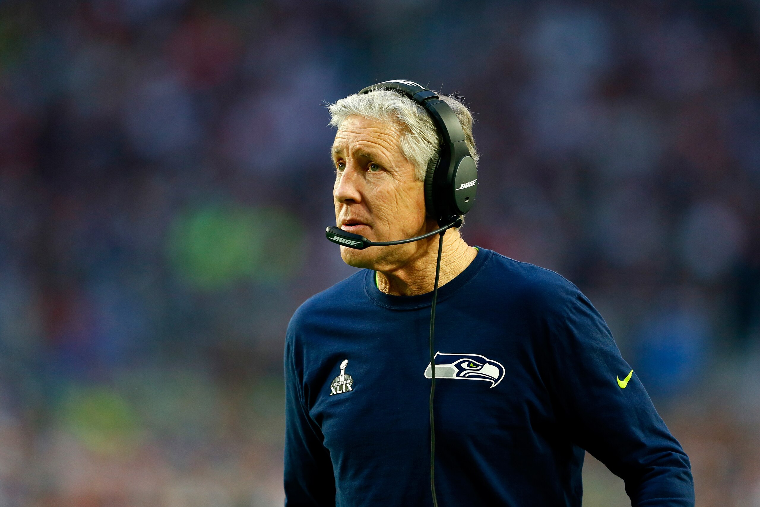 GLENDALE, AZ - FEBRUARY 01:  Head coach Pete Carroll of the Seattle Seahawks looks on from the sideline in the second quarter against the New England Patriots during Super Bowl XLIX at University of Phoenix Stadium on February 1, 2015 in Glendale, Arizona.  (Photo by Kevin C. Cox/Getty Images)