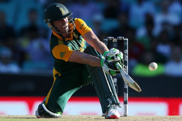South Africa's AB De Villiers hits the ball for six runs during their Cricket World Cup Pool B match against the West Indies in Sydney, Australia, Friday, Feb. 27, 2015. (AP Photo/Rick Rycroft)