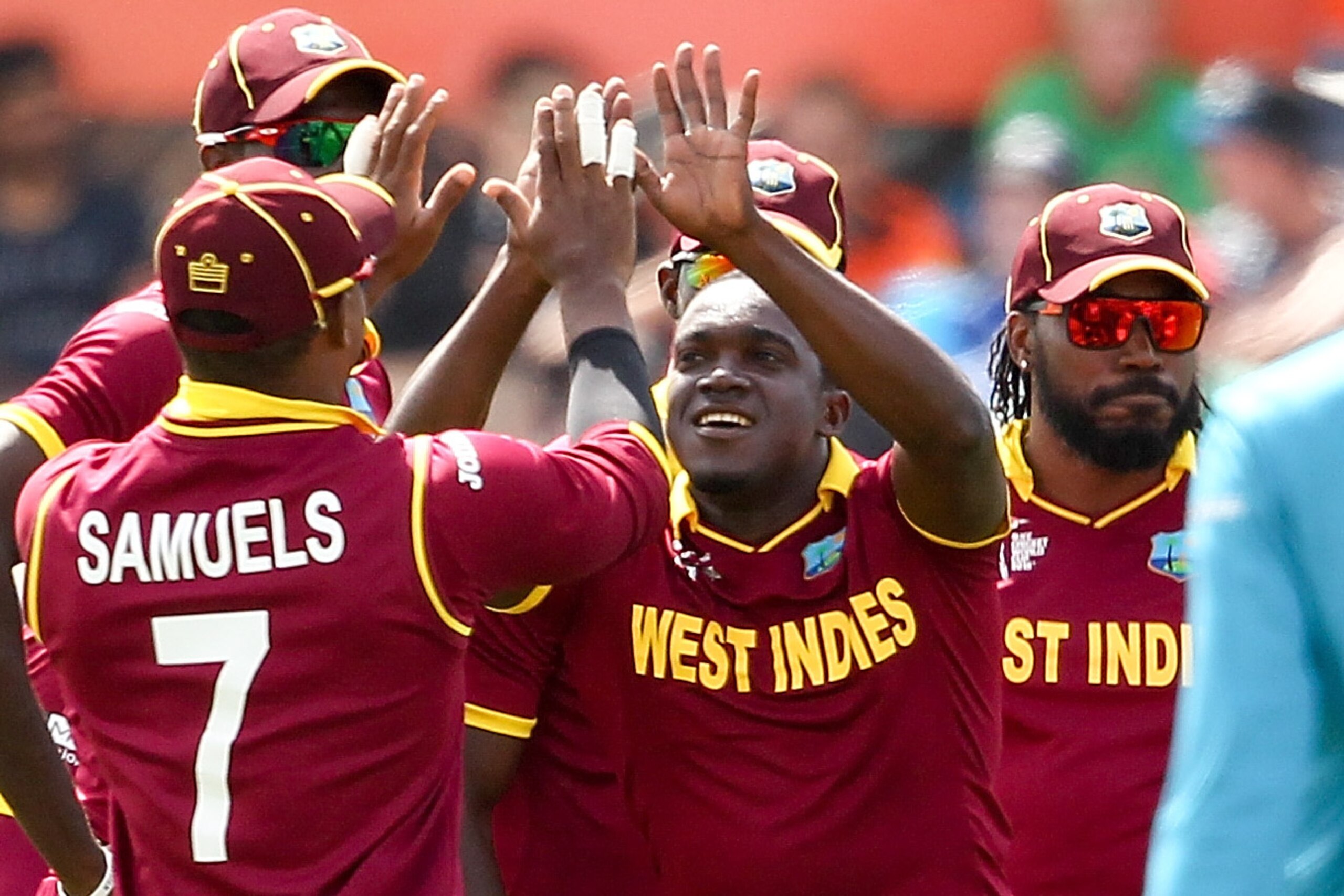 CHRISTCHURCH, NEW ZEALAND - FEBRUARY 21:  Jerome Taylor of West Indies celebrates with team mates during the 2015 ICC Cricket World Cup match between Pakistan and the West Indies at Hagley Oval on February 21, 2015 in Christchurch, New Zealand.  (Photo by Martin Hunter/Getty Images)