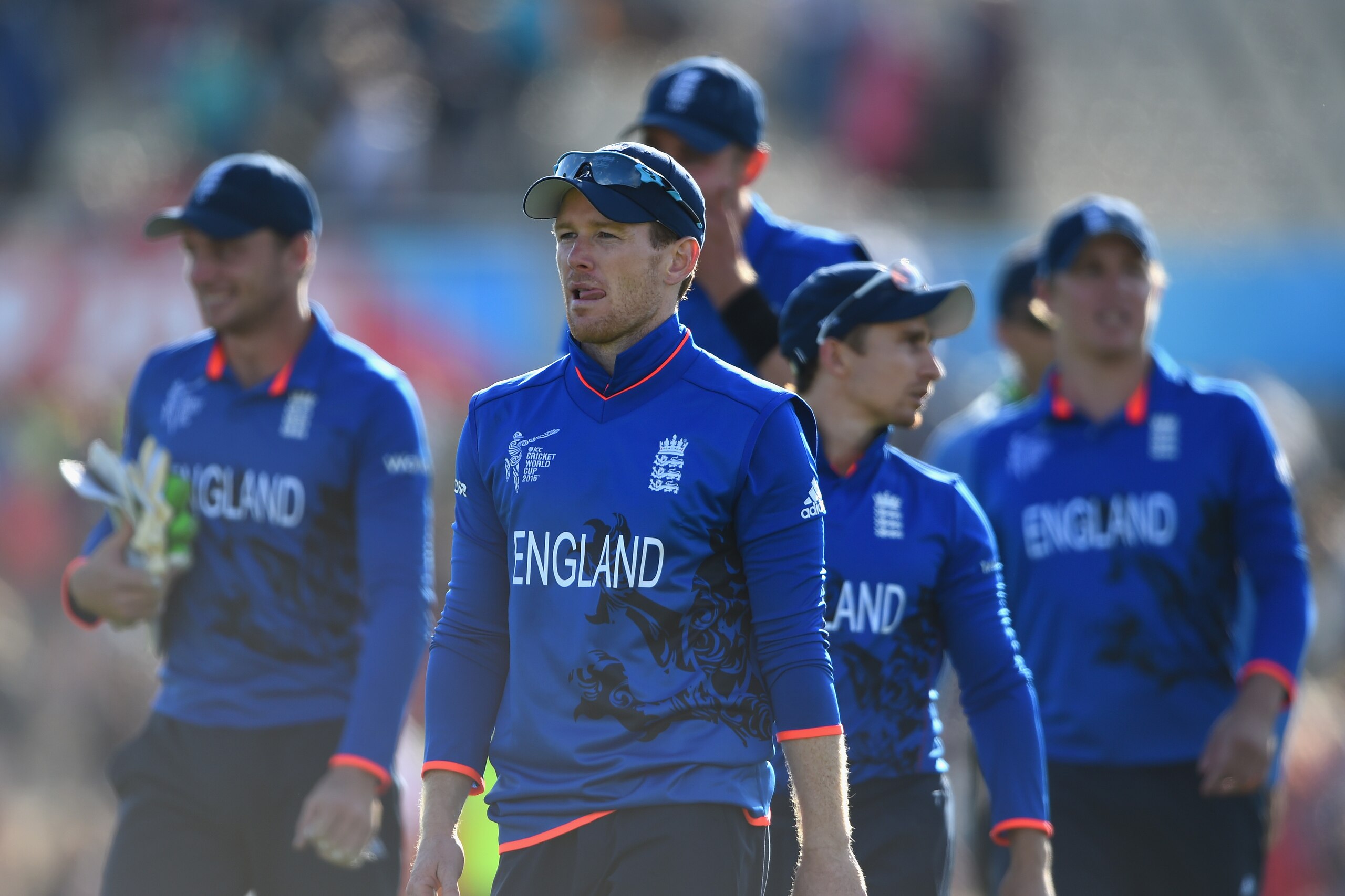 CHRISTCHURCH, NEW ZEALAND - FEBRUARY 23:  England captain Eoin Morgan leaves the field the 2015 ICC Cricket World Cup match between England and Scotland at Hagley Oval on February 23, 2015 in Christchurch, New Zealand.  (Photo by Shaun Botterill/Getty Images)