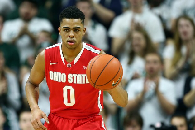 Feb 14, 2015; East Lansing, MI, USA;  Ohio State Buckeyes guard D'Angelo Russell (0) brings the ball up court during the 1st half of a game at the Jack Breslin Student Events Center. Mandatory Credit: Mike Carter-USA TODAY Sports