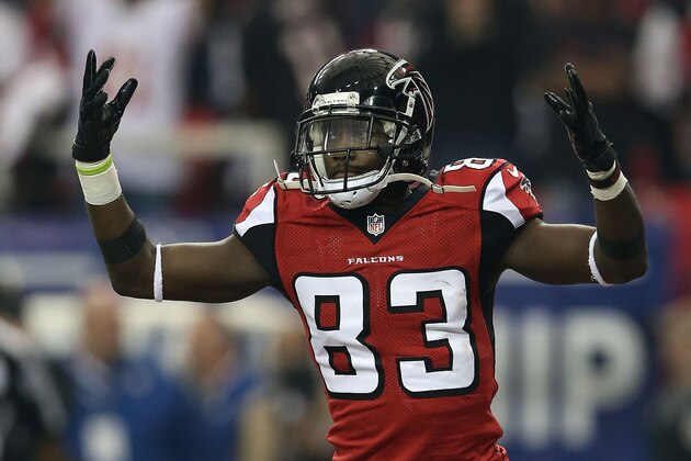 ATLANTA, GA - JANUARY 20:  Wide receiver Harry Douglas #83 of the Atlanta Falcons reacts after teammate wide receiver Julio Jones #11 scores a 46-yard touchdown reception in the first quarter against the San Francisco 49ers in the NFC Championship game at the Georgia Dome on January 20, 2013 in Atlanta, Georgia.  (Photo by Streeter Lecka/Getty Images)