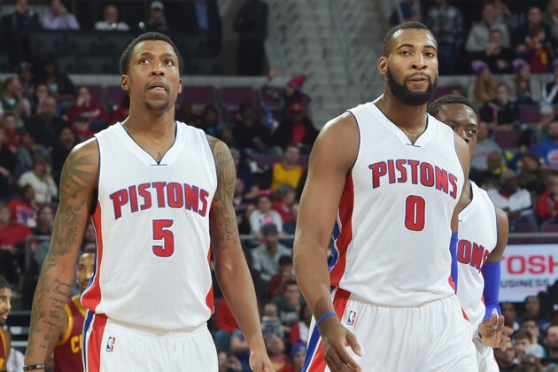 DETROIT, MI - FEBRUARY 24: Kentavious Caldwell-Pope #5 and Andre Drummond #0 of the Detroit Pistons during the game against the Cleveland Cavaliers on February 24, 2015 at The Palace of Auburn in Hills in Detroit, Michigan. NOTE TO USER: User expressly acknowledges and agrees that, by downloading and/or using this photograph, User is consenting to the terms and conditions of the Getty Images License Agreement. Mandatory Copyright Notice: Copyright 2015 NBAE (Photo by Allen Einstein/NBAE via Getty Images)