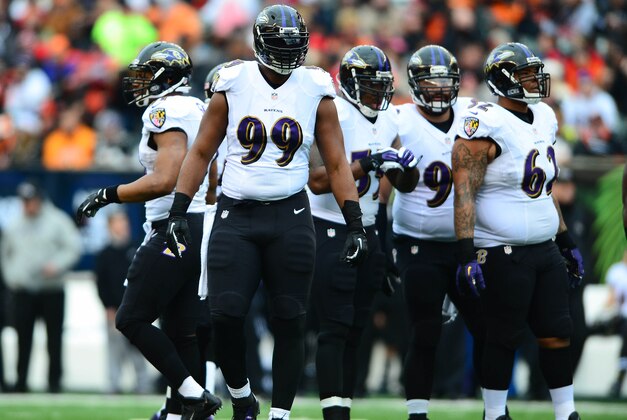 Dec 29, 2013; Cincinnati, OH, USA; Baltimore Ravens defensive end Chris Canty (99) against the Cincinnati Bengals at Paul Brown Stadium. Bengals defeated the Ravens 34-17. Mandatory Credit: Andrew Weber-USA TODAY Sports