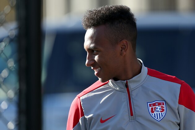 BOSTON, MA - OCTOBER 08:  Julian Green enters a United States soccer training session at Ohiri Field on October 8, 2014 in Boston, Massachusetts.  (Photo by Mike Lawrie/Getty Images)