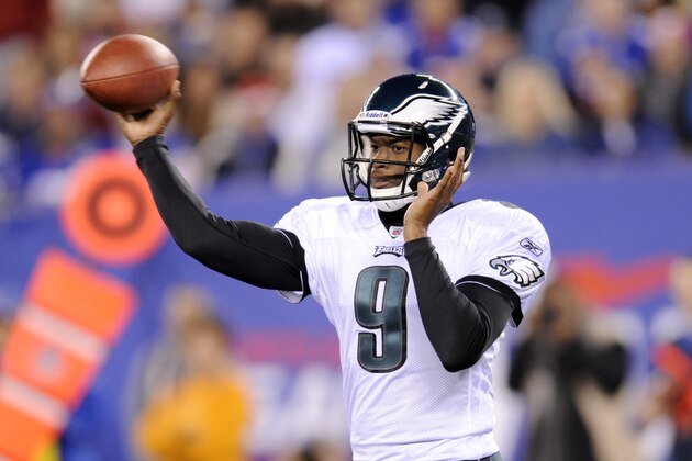 Philadelphia Eagles' Vince Young (9) throws a pass during the first quarter of an NFL football game against the New York Giantsunday, Nov. 20, 2011 in East Rutherford, N.J. (AP Photo/Bill Kostroun)