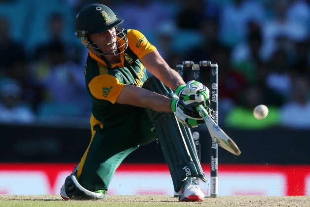 South Africa's AB De Villiers hits the ball for six runs during their Cricket World Cup Pool B match against the West Indies in Sydney, Australia, Friday, Feb. 27, 2015. (AP Photo/Rick Rycroft)