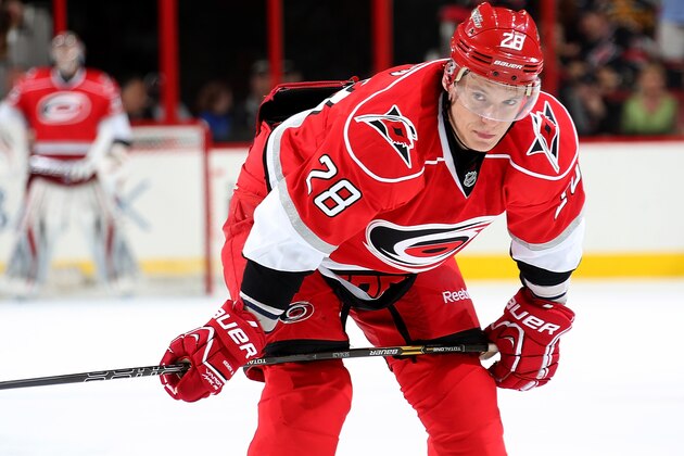 RALEIGH, NC - APRIL 13:Alex Semin #28 of the Carolina Hurricanes prepares for a faceoff against the Boston Bruins during an NHL game at PNC Arena on April 13, 2013 in Raleigh, North Carolina. (Photo by Gregg Forwerck/NHLI via Getty Images)