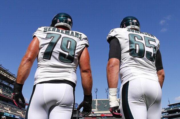 PHILADELPHIA, PA - OCTOBER 5: Offensive linemen Todd Herremans #79 and Lane Johnson #65 of the Philadelphia Eagles warm up prior to the game against the St. Louis Rams on October 5, 2014 at Lincoln Financial Field in Philadelphia, Pennsylvania. (Photo by Rich Schultz/Getty Images)