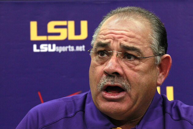 FILE - In this Aug. 7, 2012, file photo, LSU defensive coordinator John Chavis talks during an NCAA college football media day in Baton Rouge. Chavis is trying to figure out fast which of more than a half-dozen true freshman will be able to handle crunch-time responsibilities when the Tigers enter the heart of their Southeastern Conference slate. (AP Photo/Gerald Herbert, File)