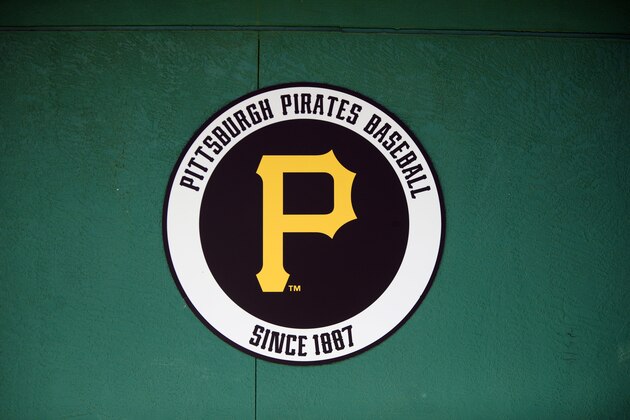 Feb 13, 2014; Bradenton, FL, USA; A freshly painted logo adorns at wall at Pirate City before the Pittsburgh Pirates first spring training workout. Mandatory Credit: David Manning-USA TODAY Sports