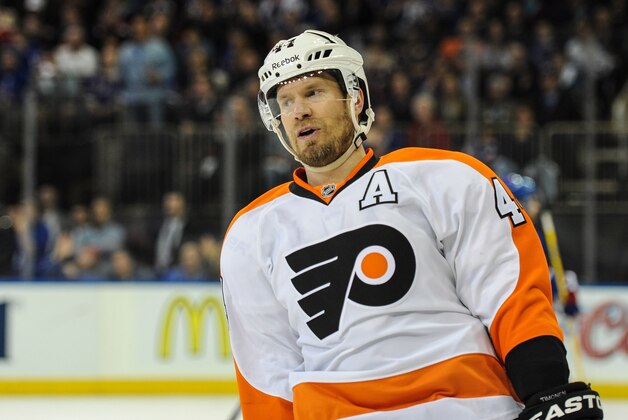 Apr 27, 2014; New York, NY, USA; Philadelphia Flyers defenseman Kimmo Timonen (44) in the 3rd period of game five of the first round of the 2014 Stanley Cup Playoffs at Madison Square Garden. The Rangers won the game 4-2 and lead the series 3-2. Mandatory Credit: John Geliebter-USA TODAY Sports