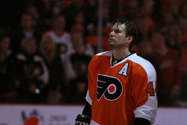Philadelphia Flyers' Kimmo Timonen in action during an NHL hockey game against the Los Angeles Kings, Monday, March 24, 2014, in Philadelphia. (AP Photo/Matt Slocum)