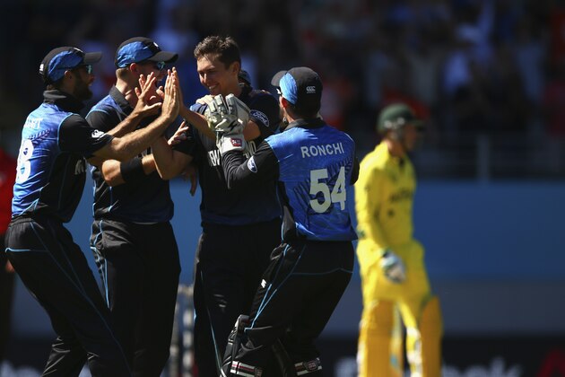 AUCKLAND, NEW ZEALAND - FEBRUARY 28:  Trent Boult of New Zealand celebrates after taking the wicket of Mitch Marsh of Australia  during the 2015 ICC Cricket World Cup match between Australia and New Zealand at Eden Park on February 28, 2015 in Auckland, New Zealand.  (Photo by Ryan Pierse/Getty Images)