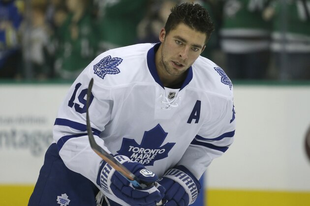 Toronto Maple Leafs right wing Joffrey Lupul (19) skates the ice during warm ups before an NHL hockey game against the Dallas Stars Tuesday, Dec. 23, 2014, in Dallas. (AP Photo/LM Otero)