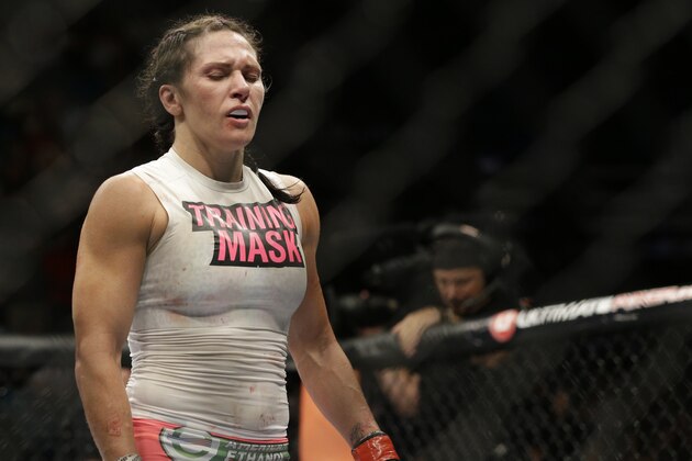 Cat Zingano after her fight against Amanda Nunes, Saturday, Sept. 27, 2014, in Las Vegas. Zingano won via TKO. (AP Photo/John Locher)