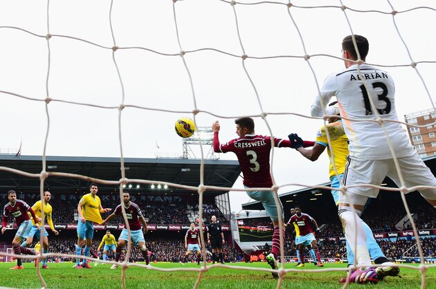LONDON, ENGLAND - FEBRUARY 28:  Aaron Cresswell of West Ham United (3) deflects a header from Glenn Murray of Crystal Palace (2L) as he scores their first goal during the Barclays Premier League match between West Ham United and Crystal Palace at Boleyn Ground on February 28, 2015 in London, England.  (Photo by Jamie McDonald/Getty Images)