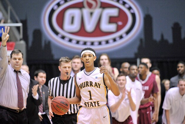 Mar 7, 2014; Nashville, TN, USA; Murray State Racers guard Cameron Payne (1) brings the ball up court against the Eastern Kentucky Colonels during the second half in the semifinals of the Ohio Valley Conference basketball tournament at Nashville Memorial Auditorium. Eastern Kentucky won 86-83. Mandatory Credit: Jim Brown-USA TODAY Sports