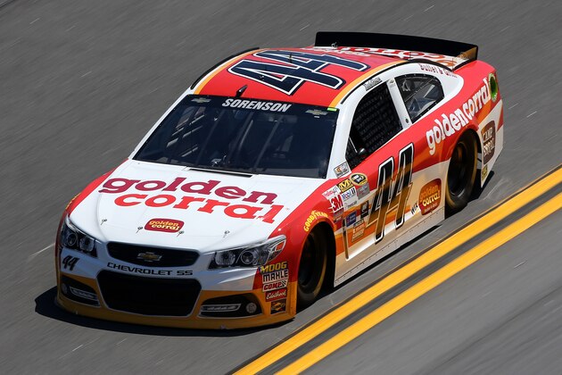 DAYTONA BEACH, FL - FEBRUARY 14:  Reed Sorenson, driver of the #44 Golden Coral Chevrolet, practices for the 57th Annual Daytona 500 at Daytona International Speedway on February 14, 2015 in Daytona Beach, Florida.  (Photo by Chris Graythen/Getty Images)