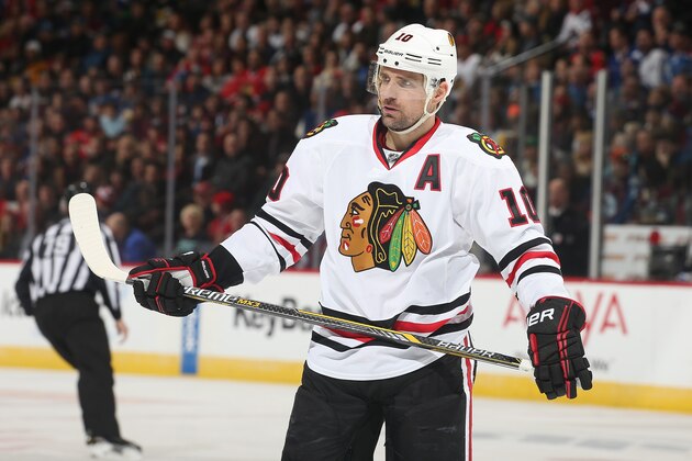 DENVER, CO - DECEMBER 27: Patrick Sharp #10 of the Chicago Blackhawks skates against the Colorado Avalanche at the Pepsi Center on December 27, 2014 in Denver, Colorado. The Blackhawks defeated the Avalanche 5-2.  (Photo by Michael Martin/NHLI via Getty Images)