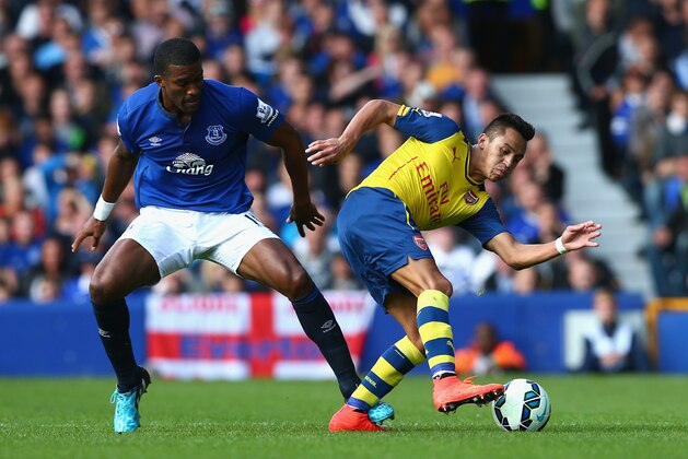 LIVERPOOL, ENGLAND - AUGUST 23:  Alexis Sanchez of Arsenal competes with Sylvain Distin of Everton during the Barclays Premier League match between Everton and Arsenal at Goodison Park on August 23, 2014 in Liverpool, England.  (Photo by Clive Brunskill/Getty Images)