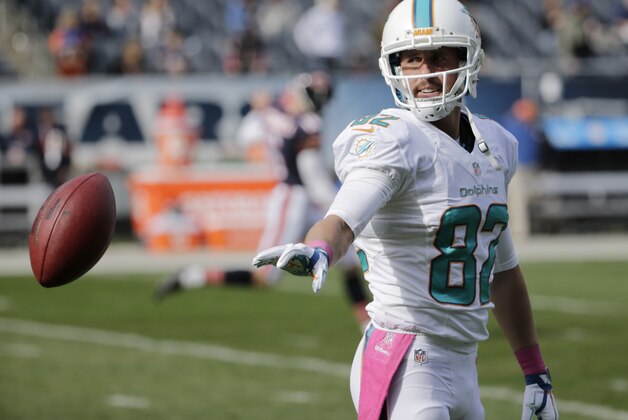 Miami Dolphins wide receiver Brian Hartline (82) warms up before an NFL football game against the Chicago Bears Sunday, Oct. 19, 2014 in Chicago. (AP Photo/Charles Rex Arbogast)