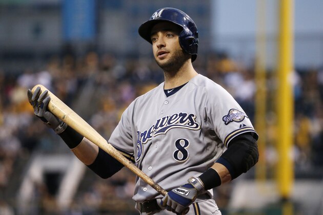 Milwaukee Brewers' Ryan Braun (8) walks bats during the first inning of a baseball game against the Pittsburgh Pirates in Pittsburgh Friday, Sept. 19, 2014. (AP Photo/Gene Puskar)