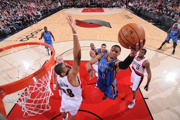 PORTLAND, OR - FEBRUARY 27:  Russell Westbrook #0 of the Oklahoma City Thunder shoots the ball against the Portland Trail Blazers during the game on February 27, 2015 at the Moda Center in Portland, Oregon. NOTE TO USER: User expressly acknowledges and agrees that, by downloading and or using this Photograph, user is consenting to the terms and conditions of the Getty Images License Agreement. Mandatory Copyright Notice: Copyright 2015 NBAE (Photo by Sam Forencich/NBAE via Getty Images)