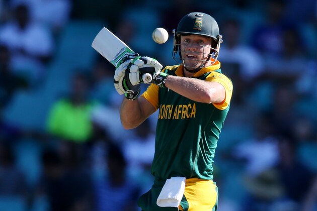 South Africa's AB De Villiers looks to hit the ball during their Cricket World Cup Pool B match against the West Indies in Sydney, Australia, Friday, Feb. 27, 2015. (AP Photo/Rick Rycroft)