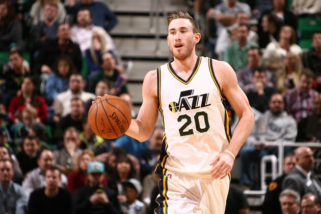 SALT LAKE CITY, UT - FEBRUARY 23:  Gordon Hayward #20 of the Utah Jazz brings the ball up court against the San Antonio Spurs on February 23, 2015 at EnergySolutions Arena in Salt Lake City, Utah. NOTE TO USER: User expressly acknowledges and agrees that, by downloading and or using this photograph, User is consenting to the terms and conditions of the Getty Images License Agreement.  Mandatory Copyright Notice:  Copyright 2015 NBAE (Photo by Melissa Majchrzak/NBAE via Getty Images)