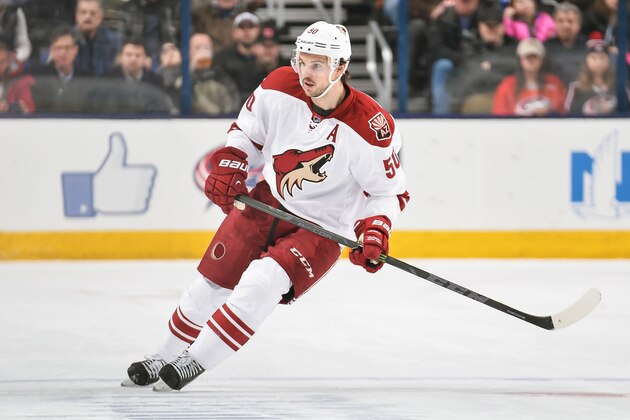 COLUMBUS, OH - FEBRUARY 3:   Antoine Vermette #50 of the Arizona Coyotes skates against the Columbus Blue Jackets on February 3, 2015 at Nationwide Arena in Columbus, Ohio.  (Photo by Jamie Sabau/NHLI via Getty Images)