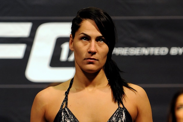 Feb 21, 2014; Las Vegas, NV, USA; UFC women's bantamweight Jessica Eye participates in the UFC 170 weigh-in at Mandalay Bay Events Center. Mandatory Credit: Stephen R. Sylvanie-USA TODAY Sports