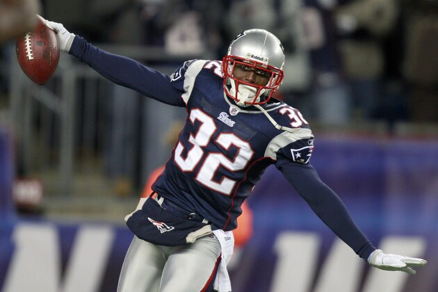 New England Patriots cornerback Devin McCourty celebrates his interception in the third quarter of an NFL football game against the New York Jets, Monday, Dec. 6, 2010, in Foxborough, Mass. The Patriots won 45-3. (AP Photo/Michael Dwyer)