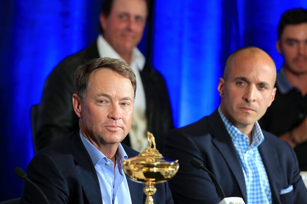 PALM BEACH GARDENS, FL - FEBRUARY 24:  Davis Love III sits beside Pete Beacqua the CEO of the PGA of America and Co-Chairman of the Ryder Cup Task Force during his announcement as the 2016 United States Ryder Cup Team Captain as Rickie Fowler and Phil Mickelson player members of the Ryder Cup Task Force look on at the PGA headquarters on February 24, 2015 in Palm Beach Gardens, Florida.  (Photo by David Cannon/Getty Images)